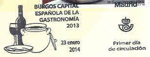 2014-01-23. Burgos capital de la Gastronomía 2013. FDC. Matasellos. Alta.jpg