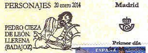 2014-01-20. Pedro Cieza de León. FDC. Matasellos. Alta.jpg