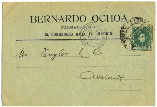 Tarjeta franqueada con sello de 5 c tipo Cadete como &quot;impresos&quot; de Madrid a Australia. <br />Fechador de salida ESTAFETA DE CAMBIO MADRID 21.NOV.02 y fechador de llegada <br />GPO ADELAIDE DE.30.02: 39 días para una &quot;media vuelta del mundo&quot; - colección buzones
