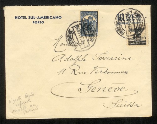 Viñeta del auxilio social. Con sello portugues. Dirigida a Suiza. Muy rara. Año 1928..jpg