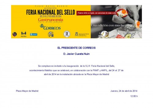 Madrid. 2014. XLVI Feria Nacional del Sello. Correos. Invitación inauguración. Alta.jpg