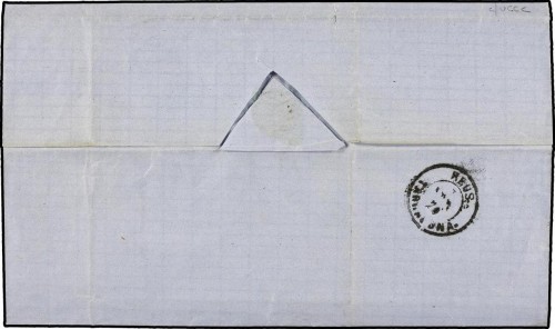 SL ESPAÑA. 1870. TARRAGONA-REUS. Carta circulada con sello de RECIBOS de 50 mils. gris. Mat. fechador TARRAGONA (46). Franqueo aceptado por el correo. No más de cuatro cartas conocidas. Rev.jpg