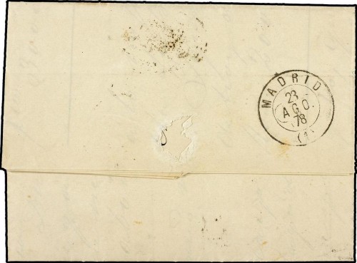 SL ESPAÑA. Ed.188+REC. 1878.  CÁDIZ a MADRID. Circulada con sello de RECIBOS de 12 cts azul y sello de IG de 15 cts. carmín. rev.jpg