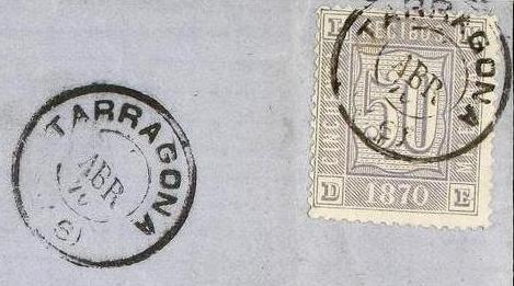 SL ESPAÑA. 1870. TARRAGONA-REUS. Carta circulada con sello de RECIBOS de 50 mils. gris. Mat. fechador TARRAGONA (46). Franqueo aceptado por el correo. No más de cuatro cartas conocidas. Det.jpg