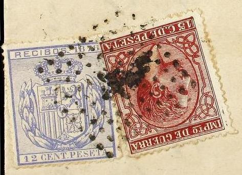 SL ESPAÑA. Ed.188+REC. 1878.  CÁDIZ a MADRID. Circulada con sello de RECIBOS de 12 cts azul y sello de IG de 15 cts. carmín. Det.jpg
