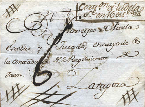 1794-03-16 TUDELA a Zaragoza Certificado marca  CERTION A TUDELA Porteo 6 manuscrito Al dorso solapa figura El marqués de San Adrián.jpg