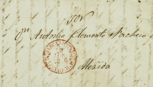 1846. BARCARROTA a MERIDA. Baeza BARCARROTA ESTREM. Baeza, en rojo