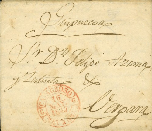 1847. AZAGRA a VERGARA. Baeza CAPARROSO (NAVARRA), en rojo
