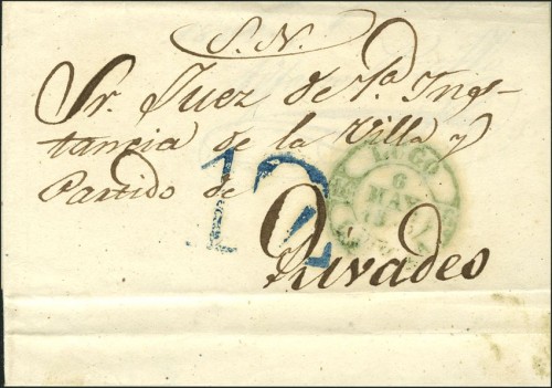 1845. Plica Judicial de LUGO a RIVADEO. Baeza LUGO GALICIA, en verde
