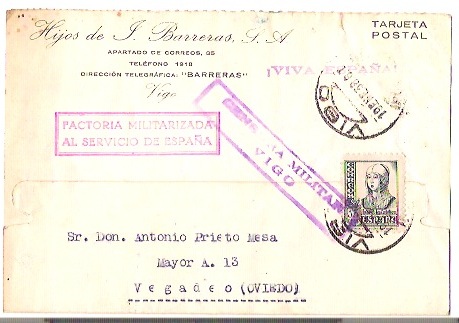 19.Ene.38.Vigo/Vegadeo.Marca en rojo &quot;FACTORIA MILITARIZADA AL SERVICIO DE ESPAÑA&quot;(Hijos de J.Barreras,S.A-Vigo).
