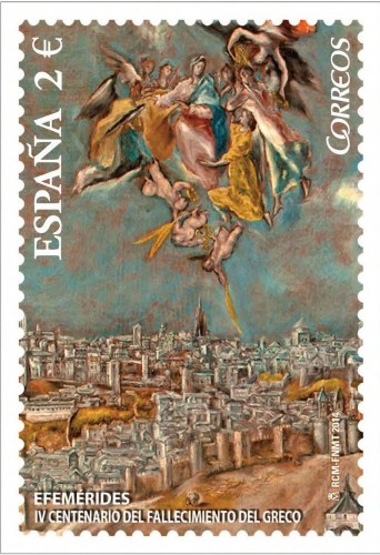 2014-06-19. Efemérides. VI Centenario del Fallecimiento de El Greco. Tarjeta entero postal. Reverso. Boceto. Alta.jpg