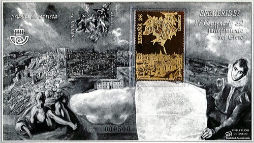 2014-06-19. Efemérides. VI Centenario del Fallecimiento de El Greco. Prueba de artista con oro. Boceto. Baja.jpg