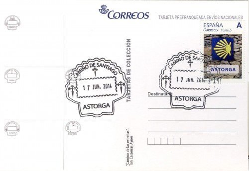 Tarjeta prefranqueda del Camino de Santiago. Camino de las estrellas. Reverso. Astorga. Matasellada. Baja.jpg