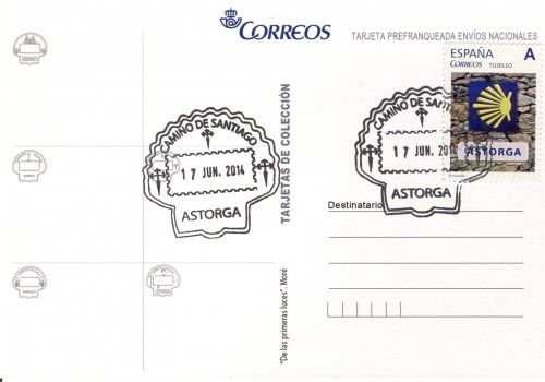 Tarjeta prefranqueda del Camino de Santiago. De las primeras luces. Reverso. Astorga. Matasellada. Baja.jpg