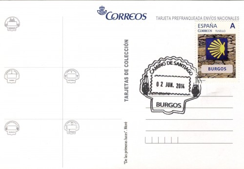 Tarjeta prefranqueda del Camino de Santiago. De las primeras luces. Reverso. Burgos. Matasellada. Baja.jpg