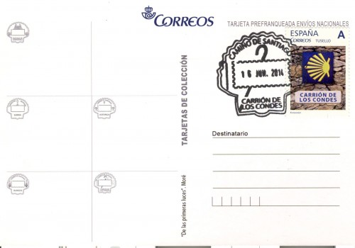 Tarjeta prefranqueda del Camino de Santiago. De las primeras luces. Reverso. Carrión de los Condes. Matasellada. Baja.jpg