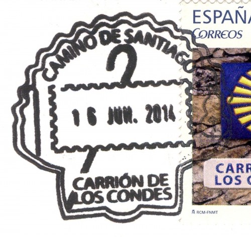 Tarjeta prefranqueda del Camino de Santiago. Reverso. Carrión de los Condes. Matasello. Alta.jpg