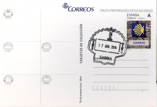 Tarjeta prefranqueda del Camino de Santiago. De las primeras luces. Reverso. Sarria. Matasellada. Baja.jpg