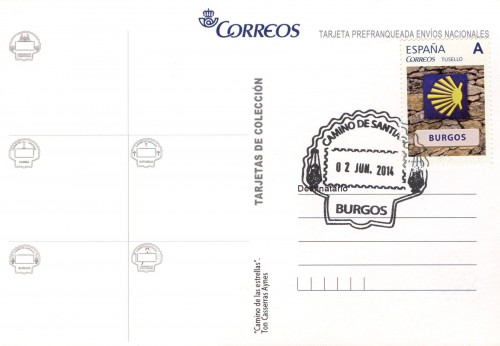 Tarjeta prefranqueda del Camino de Santiago. Camino de las estrellas. Reverso. Burgos. Matasellada. Baja.jpg