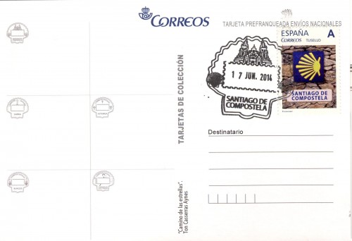 Tarjeta prefranqueda del Camino de Santiago. Camino de las estrellas. Reverso. Santiago de Compostela. Matasellada. Baja.jpg