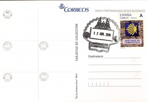 Tarjeta prefranqueda del Camino de Santiago. De las primeras luces. Reverso. Santiago de Compostela. Matasellada. Baja.jpg