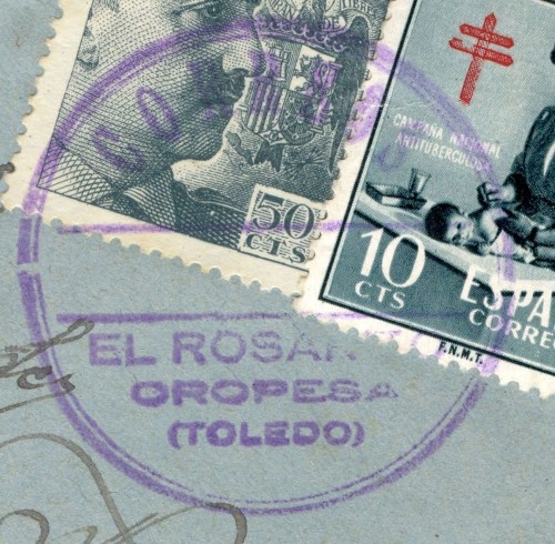 Matasellos cartería. El Rosarito. Oropesa. Toledo. 1954-03-14. Sobre. Matasellos. Baja.jpg