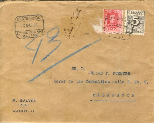 Matasellos certificado. Madrid. Estafeta Sucursal n.º 12. 1931-03-23. M. Gálvez. Sobre. Anverso. Baja.jpg