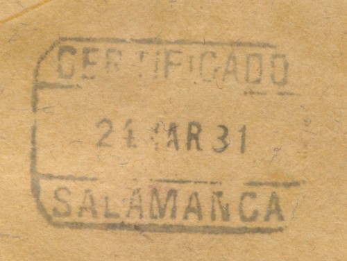 Matasellos certificado. Madrid. Estafeta Sucursal n.º 12. 1931-03-23. M. Gálvez. Sobre. Reverso. Matsellos ceriticado. Salamanca. 1931-03-24. Baja.jpg