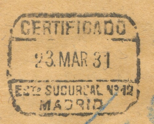 Matasellos certificado. Madrid. Estafeta Sucursal n.º 12. 1931-03-23. M. Gálvez. Sobre. Matasellos. Baja.jpg