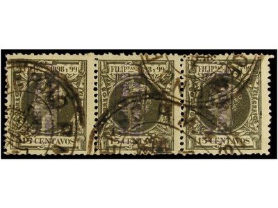 MARIANAS. Ed.6(3). 15 ctvos. oliva. Tira de tres. Mat. ovalado GOBIERNO P.M. YSLAS MARIANAS. EXCEPCIONAL y RARISIMO. Múltiple más grande conocido de este sello en usado. Cert. GRAUS..jpg
