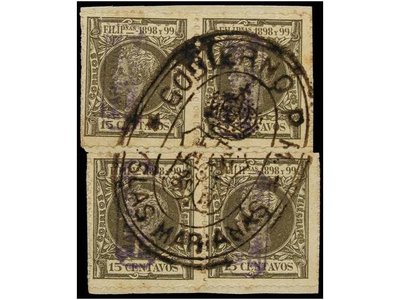 MARIANAS. Ed.6(4). 15 ctvos. oliva. Dos parejas sobre pequeño fragmento. Excepcional franqueo, el más grande conocido de este sello. Ex. ARIAS y DR. SCOTT. Cert. GRAUS..jpg