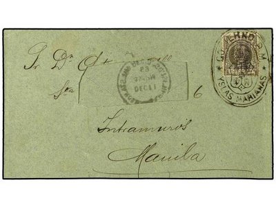 MARIANAS. Ed.6. 1899. MARIANAS a MANILA. 15 ctvos. oliva, mat. ovalado GOBIERNO P.M. YSLAS MARIANAS. Al dorso fechador de llegada MIL. STA. Nº1 MANILA. Parte de la dirección recortada..jpg