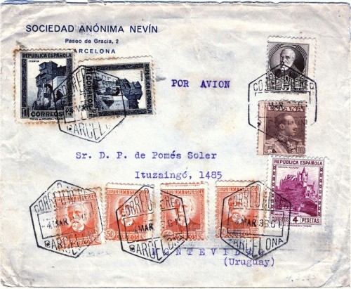 Carta por avión de Barcelona a Montevideo, 4 de marzo de 1933, <br />franqueada con 18.05 pts.<br />© Colección Buzones