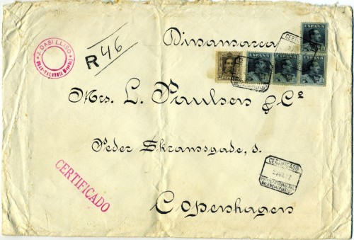 Carta certificada de 15 portes - Valencia a Dinamarca (1927)<br />© Colección Buzones