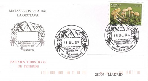Matasellos turístico. 2014. Canarias. Parque Nacional de las Cañadas del Teide. 2014-07-26. Sobre matasellado. Baja.jpg