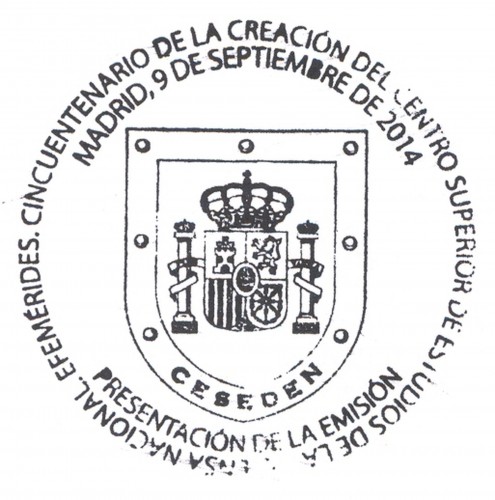 2014-09-10. Cincuentenario de la Creación del Centro Superior de Estudios de la Defensa Nacional (CESEDEN). Presentación. 2014-09-09. Matasellos. Baja.jpg