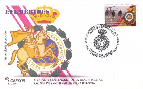 2014-09-10. Segundo Centenario de la Real y Militar Orden de San Hermenegildo 1814-2014. Presentación. 2014-10-03. Sobre matasellado. Baja.jpg