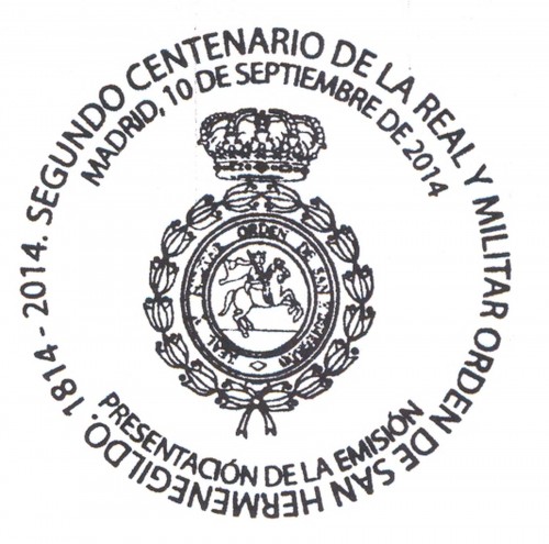 2014-09-10. Segundo Centenario de la Real y Militar Orden de San Hermenegildo 1814-2014. Presentación. 2014-10-03. Matasellos. Baja.jpg