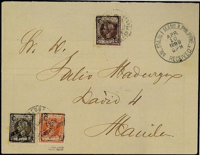 Carta de Zamboanga a Manila, con efectos de 3, 8 y 10 centavos (total 21c.) Fechador de salida CORREOS / ?.99 / ZAMBOANGA y de llegada a Manila MIL.STA.No.1 / MANILA.PHILIPPINE / RECEIVED con fecha 10 abril 1899