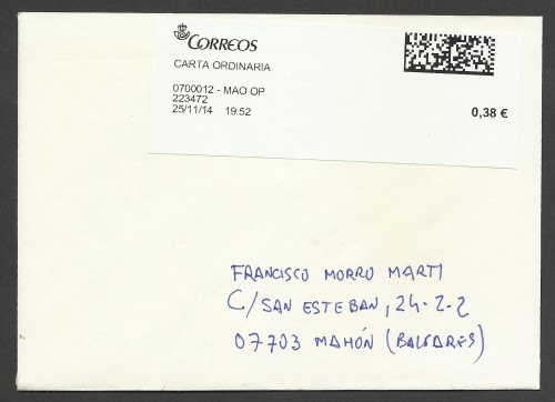 Etiqueta franqueada Oficina Mahón