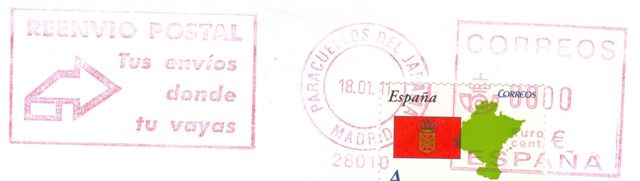 Franqueo mecánico rojo. 28010 como matasello. Paracuellos del Jarama. 2011-01-18. Baja.jpg