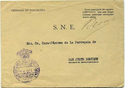 En este se puede ver que esto de las franquicias por servicio nacional, por lo menos llegó hasta el año 1955 e inclusive los sobres ya se imprimian con el S.N.E, es una carta del obispado de Barcelona a una parroquia de Sant Just d'es Vern