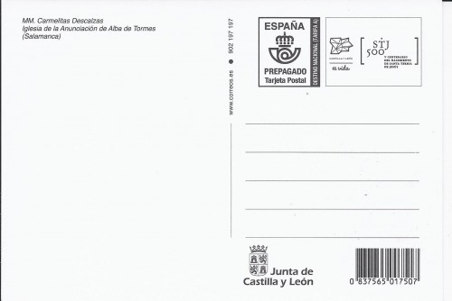 Tarjeta prefranqueda del Sepulcro de Santa Teresa de Jesús. Reverso común. Baja.jpg