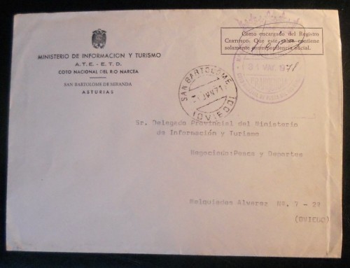 Franquicia correos , Coto nacional de pesca rio Narcea -Asturias  , San Bartolome 1971