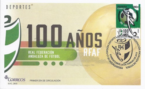 2015-02-19. Centenario de la Real Federación Andaluza de Fútbol. Presentación. 19-02-2015. Sobre matasellado. Baja.jpg