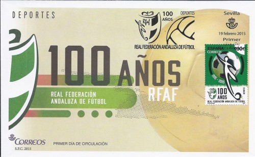2015-02-19. Centenario de la Real Federación Andaluza de Fútbol. FDC. Sevilla. Sobre matasellado. Baja.jpg