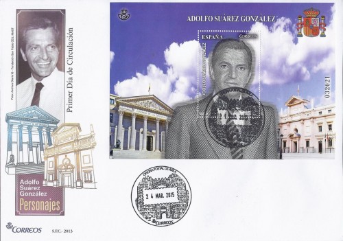 2013-11-15. Adolfo Suárez. Acto comemorativo. Estatua. 24-03-2015. Sobre FDC matasellado. Baja.jpg