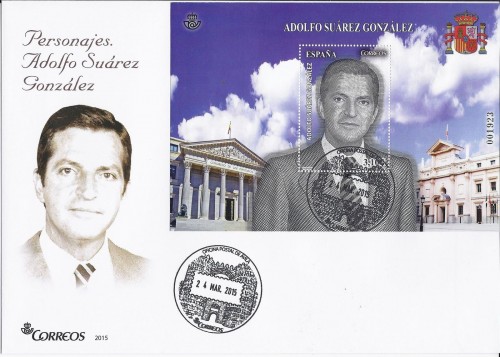 2013-11-15. Adolfo Suárez. Acto comemorativo. Estatua. 24-03-2015. Sobre especial matasellado. Baja.jpg