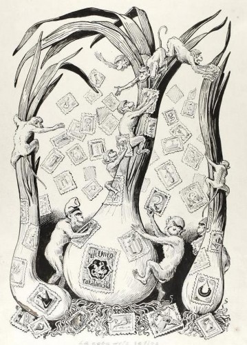 1899. ORIGINAL ARTÍSTICO. EPIDEMIA REINANT. LA CEBA DELS SELLOS. Tinta sobre papel. 35x26 cm. Publicado en la Esquella de la Torratxa el 8 de Diciembre de 1899 en pag. 792 Ok.jpg