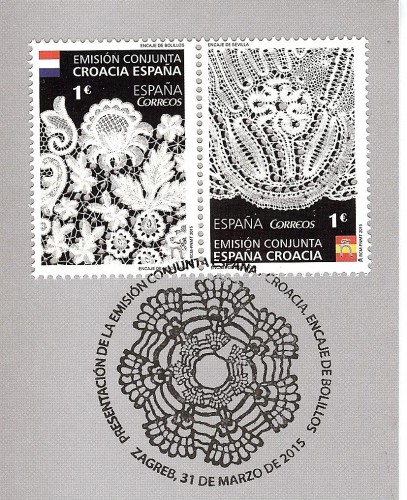2015-03-31. Emisión conjunta España-Croacia. Encaje de bolillos. Presentación. Zagreb. 31-03-2015. Matasellos con sellos.jpg